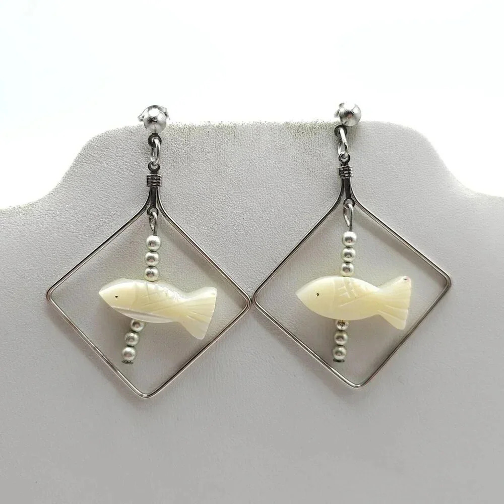 Zuni Sterling Silver Fish Earrings With MOP Pearl Accents Geometric Frame Design